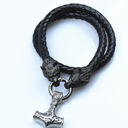 Thor’s Hammer Mjölnir Pendant with Wolf Head Rune Bracelet