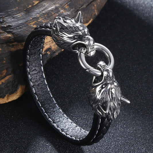 Viking Double Wolf Head Leather Bracelet