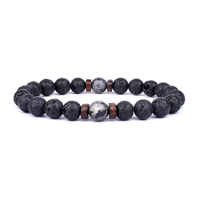 Volcanic Lava Stone Beaded Bracelet with Tibetan Buddha Charm