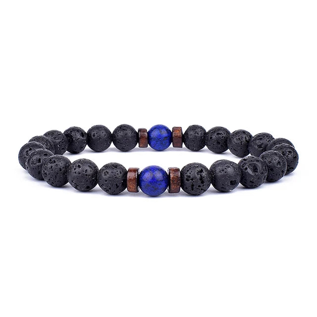 Volcanic Lava Stone Beaded Bracelet with Tibetan Buddha Charm