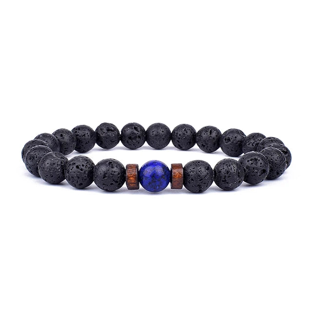 Volcanic Lava Stone Beaded Bracelet with Tibetan Buddha Charm