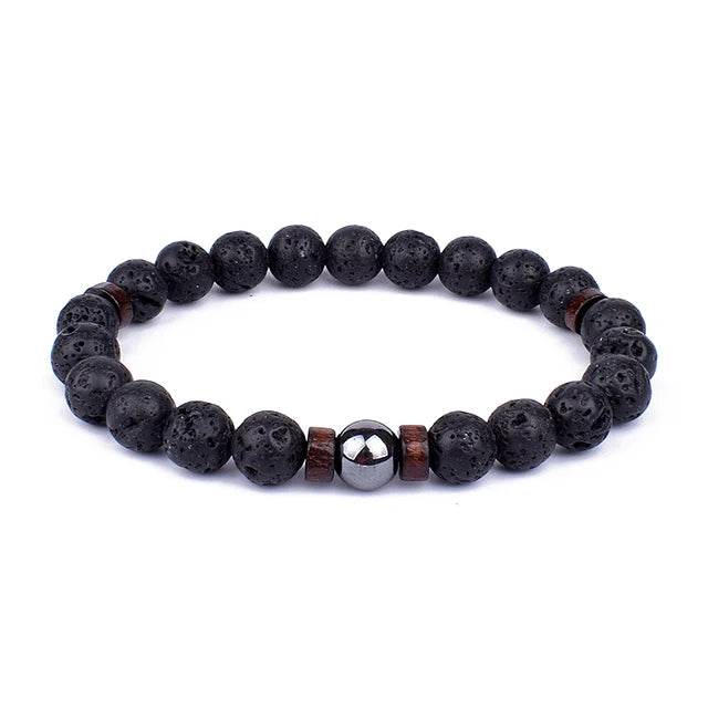 Volcanic Lava Stone Beaded Bracelet with Tibetan Buddha Charm