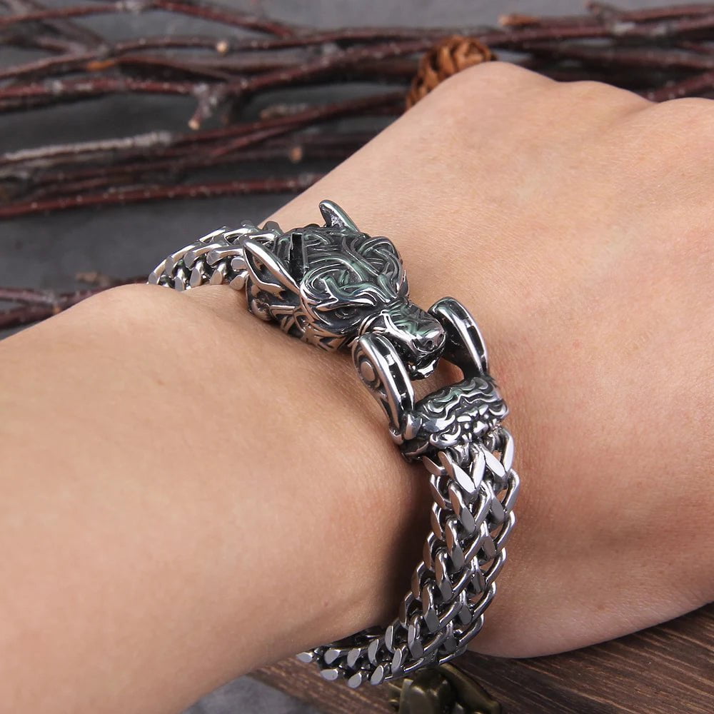 Viking Wolf Bracelet Men's Stainless Steel Mesh Chain Ancient Treasures Ancientreasures Viking Odin Thor Mjolnir Celtic Ancient Egypt Norse Norse Mythology