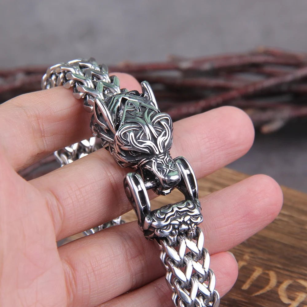 Viking Wolf Bracelet Men's Stainless Steel Mesh Chain Ancient Treasures Ancientreasures Viking Odin Thor Mjolnir Celtic Ancient Egypt Norse Norse Mythology