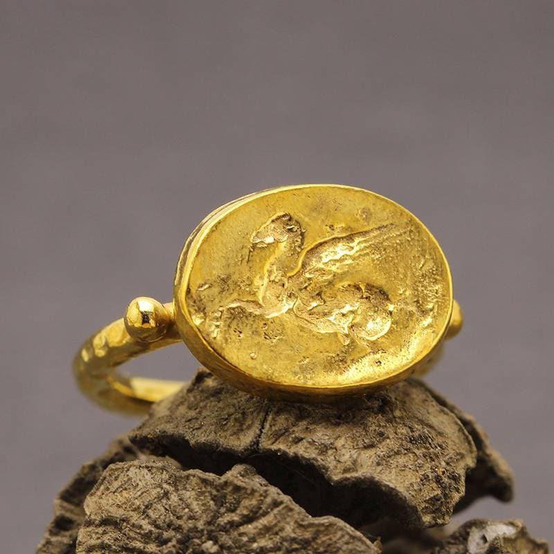 925 Sterling Silver Ancient Roman Greek Art Pegasus Signet Coin Ring, Handcrafted Hammered 24K Yellow Gold Vermeil Granulated Seal Ring