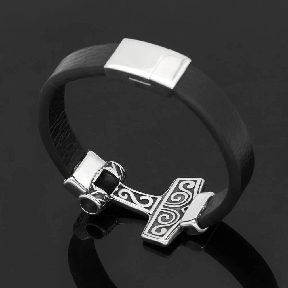 Bracelet Vikings Mjolnir Stainless Steel Real Leather Bracelet Ancient Treasures Ancientreasures Viking Odin Thor Mjolnir Celtic Ancient Egypt Norse Norse Mythology