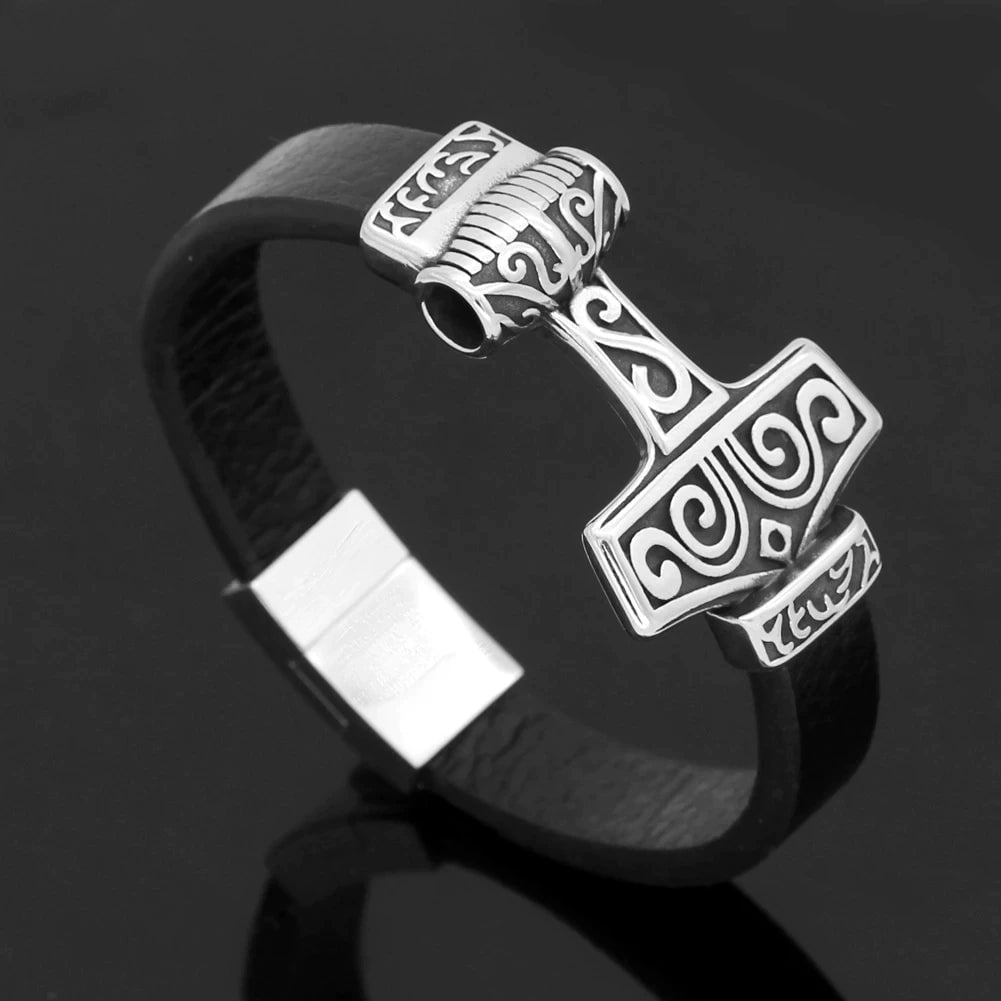 Bracelet Vikings Mjolnir Stainless Steel Real Leather Bracelet Ancient Treasures Ancientreasures Viking Odin Thor Mjolnir Celtic Ancient Egypt Norse Norse Mythology