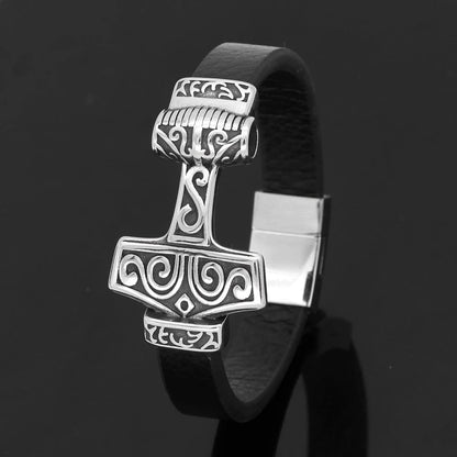 Bracelet Vikings Mjolnir Stainless Steel Real Leather Bracelet Ancient Treasures Ancientreasures Viking Odin Thor Mjolnir Celtic Ancient Egypt Norse Norse Mythology