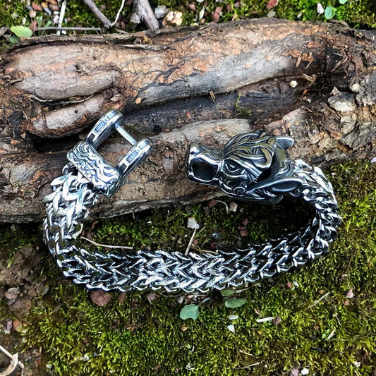 Chain & Link Bracelets Vikings Wolf Head Stainless Steel Punk Link Bracelet Ancient Treasures Ancientreasures Viking Odin Thor Mjolnir Celtic Ancient Egypt Norse Norse Mythology