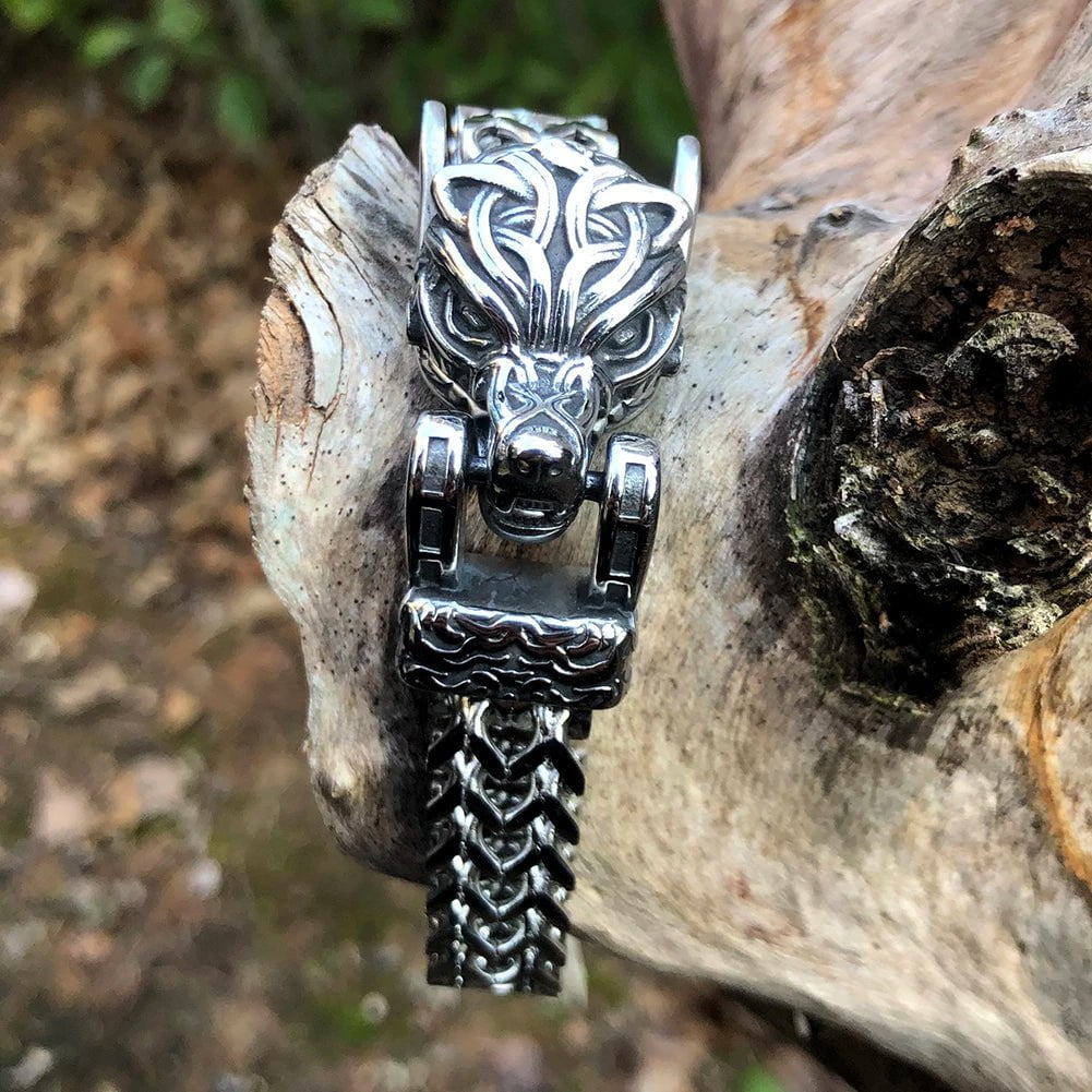 Chain & Link Bracelets Vikings Wolf Head Stainless Steel Punk Link Bracelet Ancient Treasures Ancientreasures Viking Odin Thor Mjolnir Celtic Ancient Egypt Norse Norse Mythology