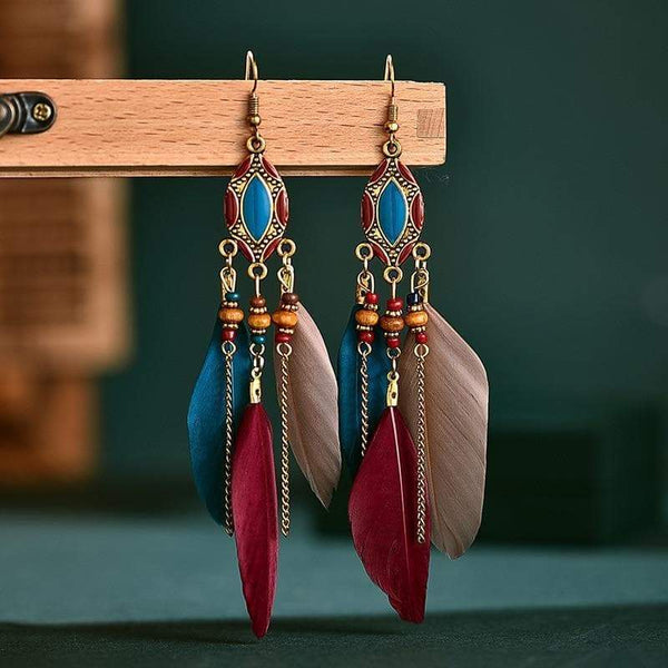 Native American Ethnic Feather Dangle Earrings - Ancient Treasures