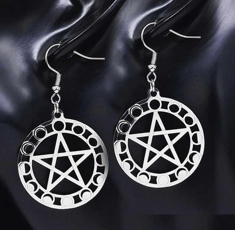 Earrings Wiccan Moon Phase Pentacle Stainless Steel Drop Earrings Ancient Treasures Ancientreasures Viking Odin Thor Mjolnir Celtic Ancient Egypt Norse Norse Mythology
