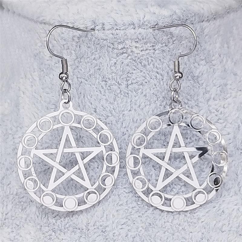 Earrings Wiccan Moon Phase Pentacle Stainless Steel Drop Earrings Ancient Treasures Ancientreasures Viking Odin Thor Mjolnir Celtic Ancient Egypt Norse Norse Mythology