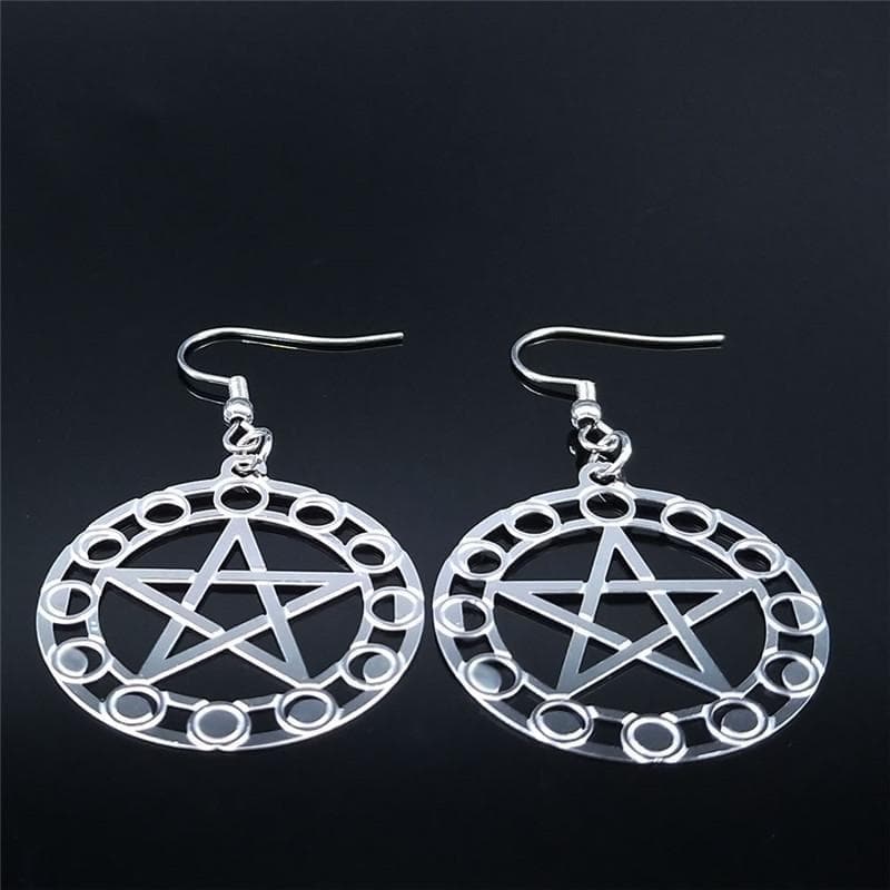 Earrings Wiccan Moon Phase Pentacle Stainless Steel Drop Earrings Ancient Treasures Ancientreasures Viking Odin Thor Mjolnir Celtic Ancient Egypt Norse Norse Mythology