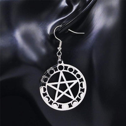 Earrings Wiccan Moon Phase Pentacle Stainless Steel Drop Earrings Ancient Treasures Ancientreasures Viking Odin Thor Mjolnir Celtic Ancient Egypt Norse Norse Mythology