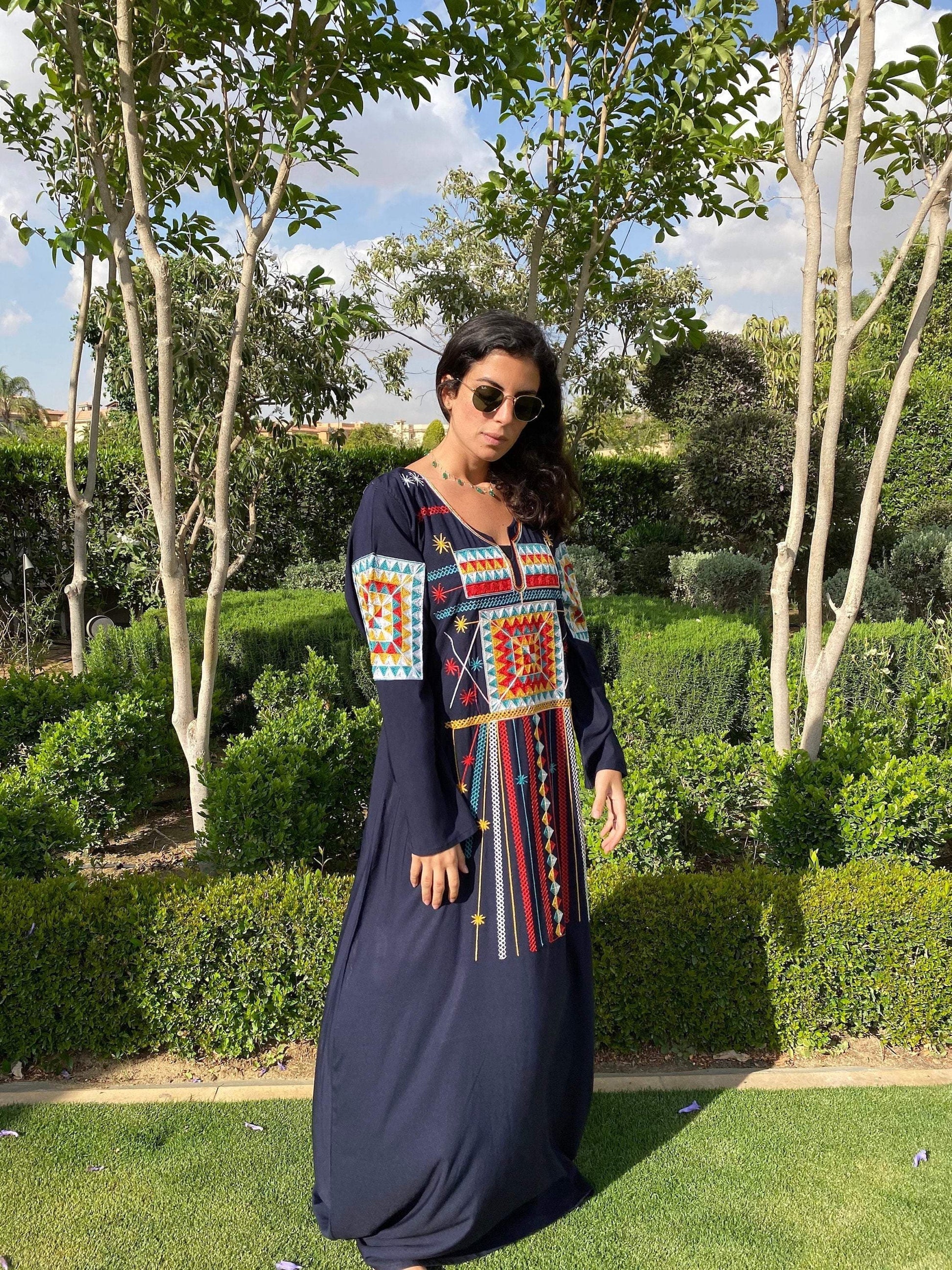 long sleeve egyptian dress Santa Fe Dress, Long, 3/4 Sleeve, Egyptian Floral Passementrie
