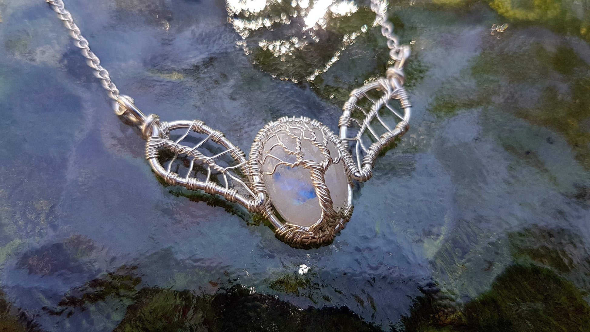 Handmade Wire Rap Jewelry Wire Wrap Moonstone Tree of Life Leaf Necklace