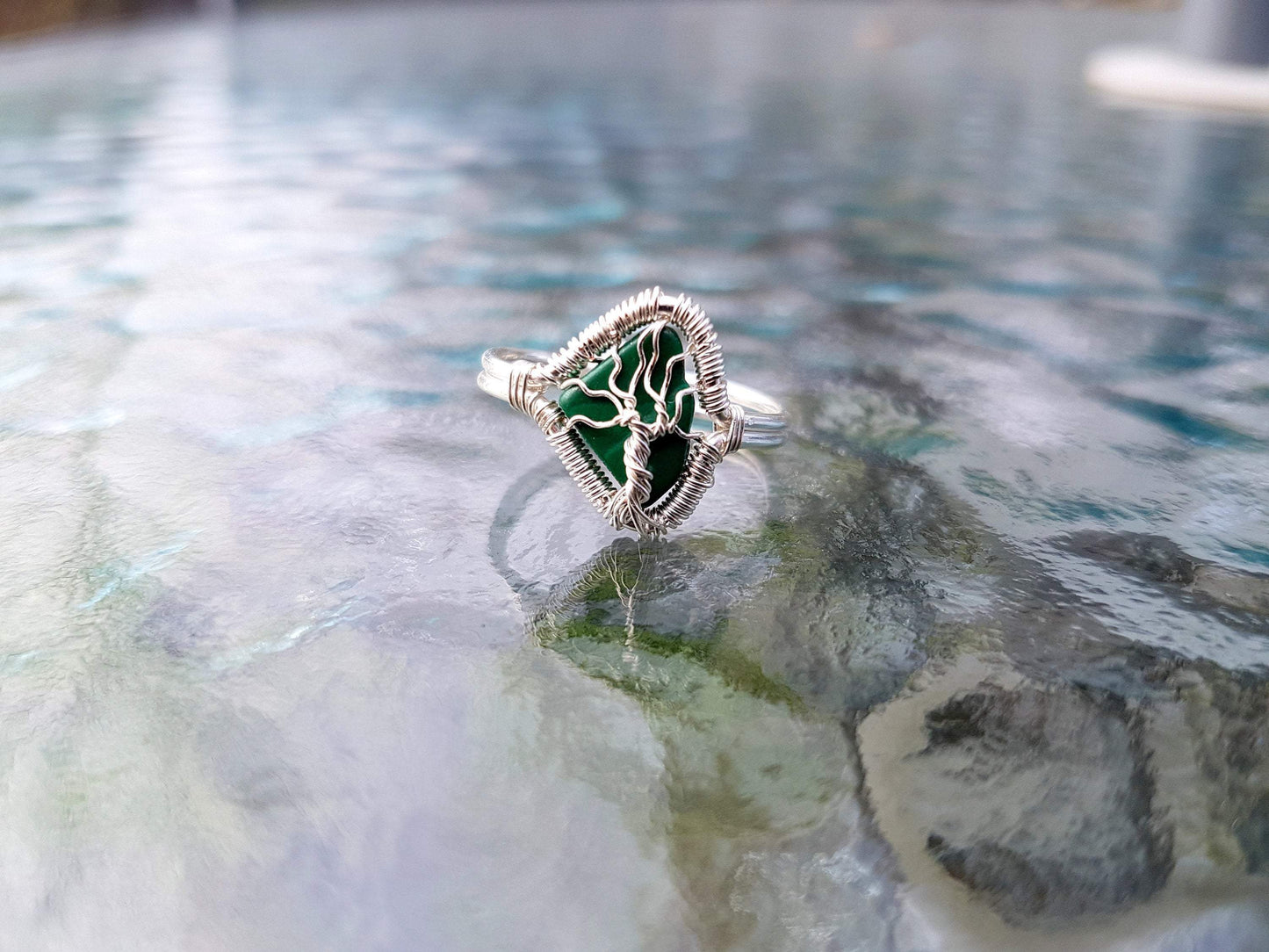 Handmade Wire Rap Jewelry Wire Wrap Tree of Life Malacite Gemstone Ring