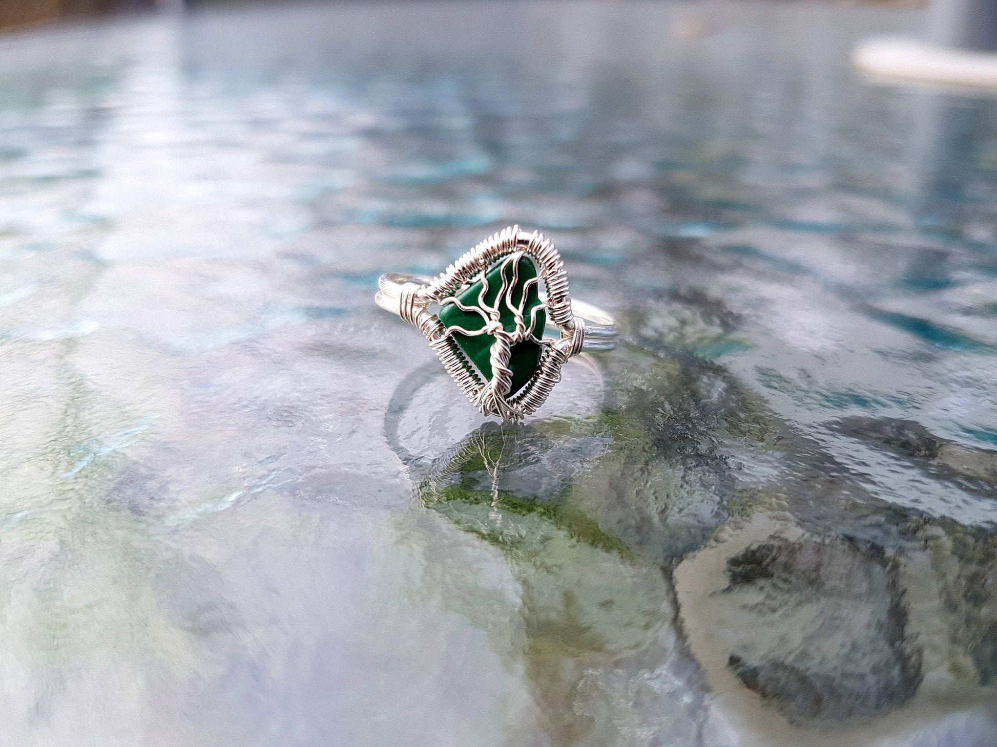 Handmade Wire Rap Jewelry Wire Wrap Tree of Life Malacite Gemstone Ring