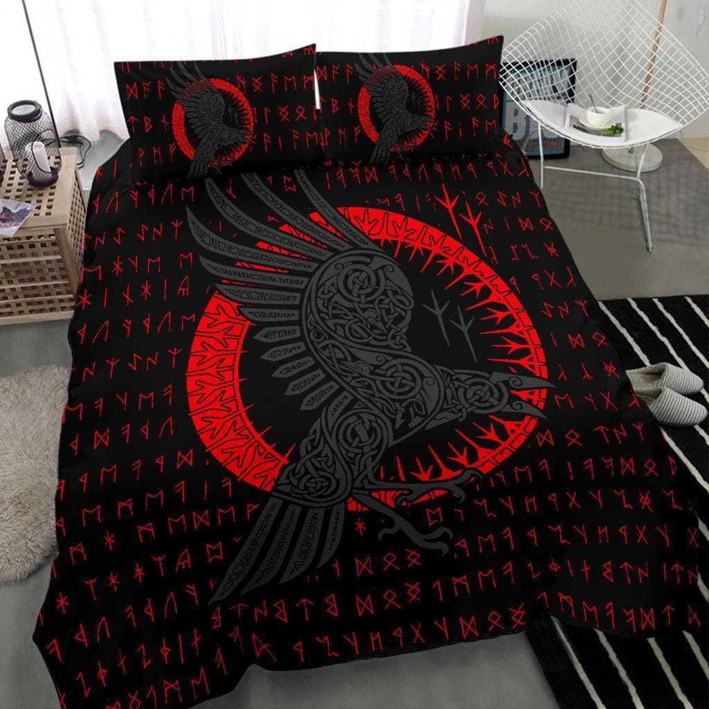 Vikings Huginn and Munnin Red Duvet Cover and Pillow Cases Set