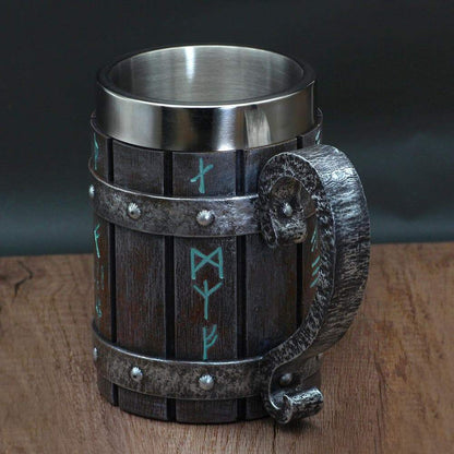 Mugs Viking Runes 'Wooden' Stainless Steel Tankard Mug Ancient Treasures Ancientreasures Viking Odin Thor Mjolnir Celtic Ancient Egypt Norse Norse Mythology