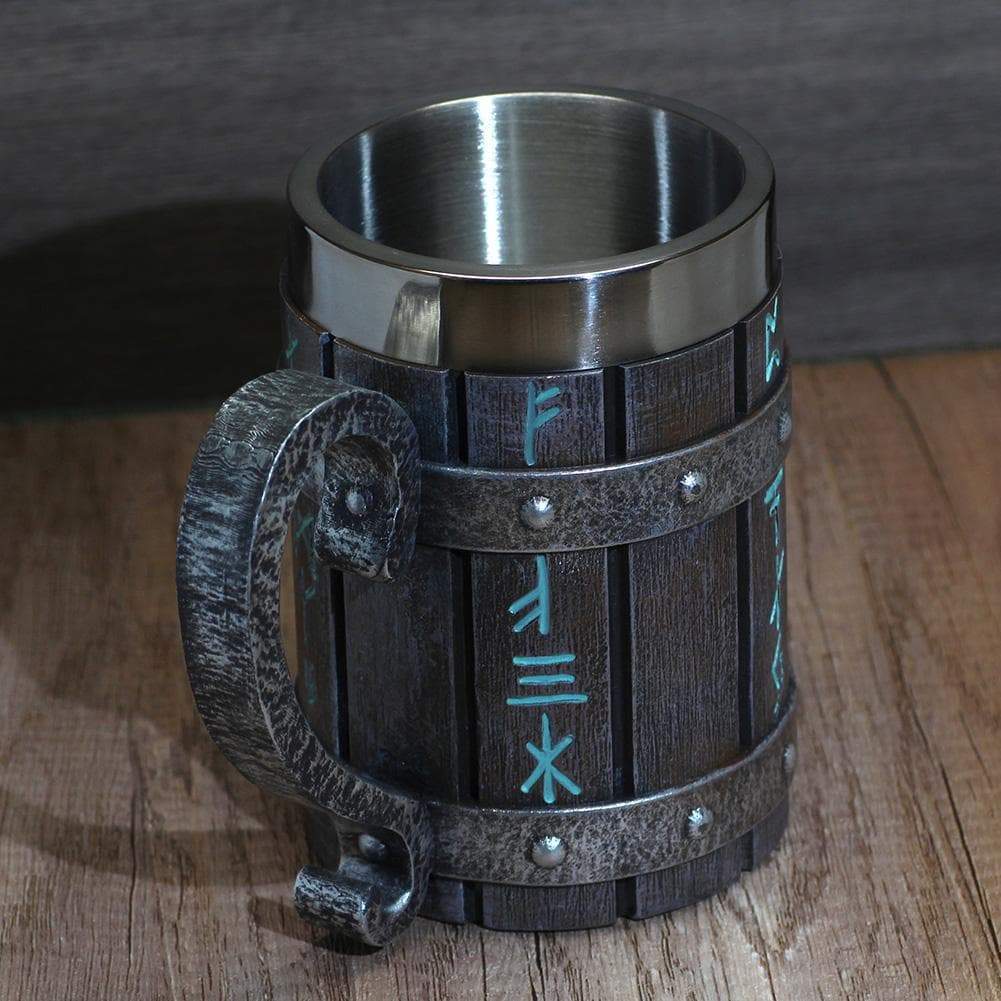 Mugs Viking Runes 'Wooden' Stainless Steel Tankard Mug Ancient Treasures Ancientreasures Viking Odin Thor Mjolnir Celtic Ancient Egypt Norse Norse Mythology