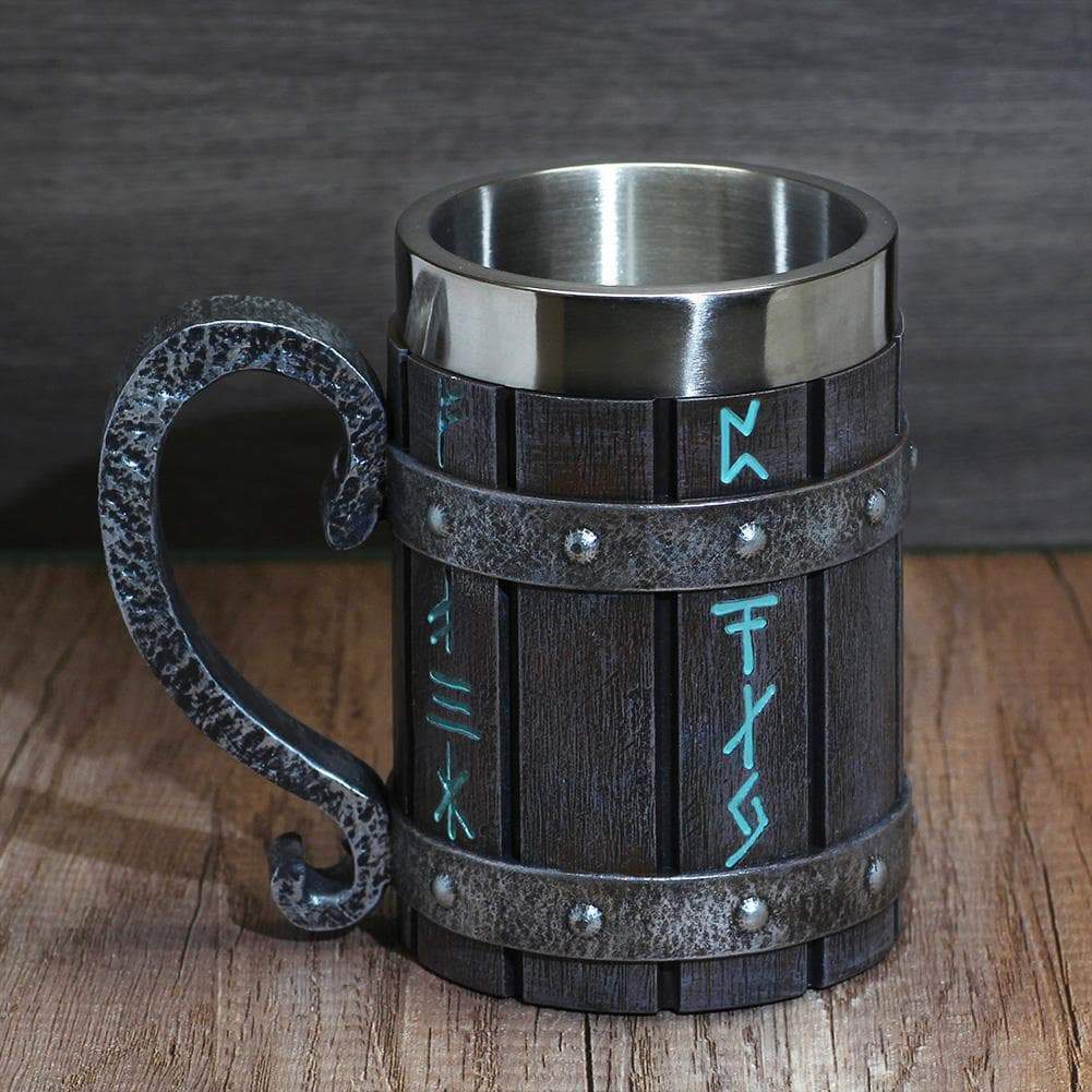 Mugs Viking Runes 'Wooden' Stainless Steel Tankard Mug Ancient Treasures Ancientreasures Viking Odin Thor Mjolnir Celtic Ancient Egypt Norse Norse Mythology