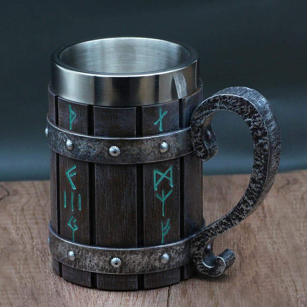 Mugs Viking Runes 'Wooden' Stainless Steel Tankard Mug Ancient Treasures Ancientreasures Viking Odin Thor Mjolnir Celtic Ancient Egypt Norse Norse Mythology