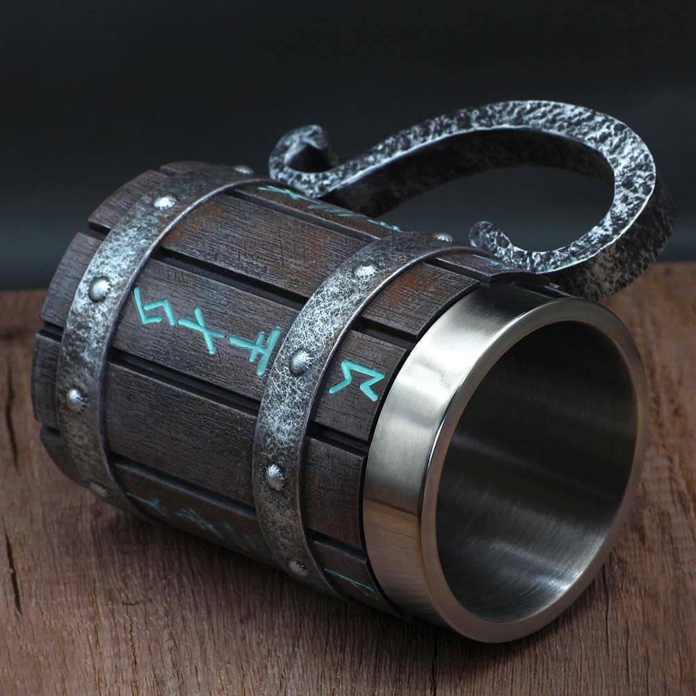 Mugs Viking Runes 'Wooden' Stainless Steel Tankard Mug Ancient Treasures Ancientreasures Viking Odin Thor Mjolnir Celtic Ancient Egypt Norse Norse Mythology