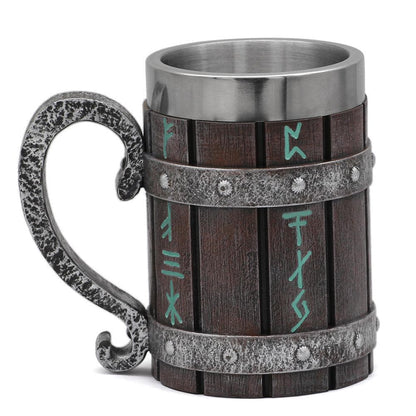 Mugs Viking Runes 'Wooden' Stainless Steel Tankard Mug Ancient Treasures Ancientreasures Viking Odin Thor Mjolnir Celtic Ancient Egypt Norse Norse Mythology