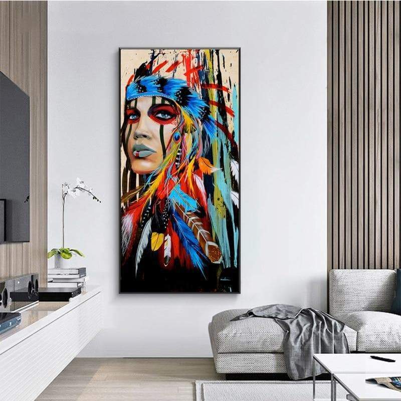 Native American Colorful Feathered Girl Canvas Poster