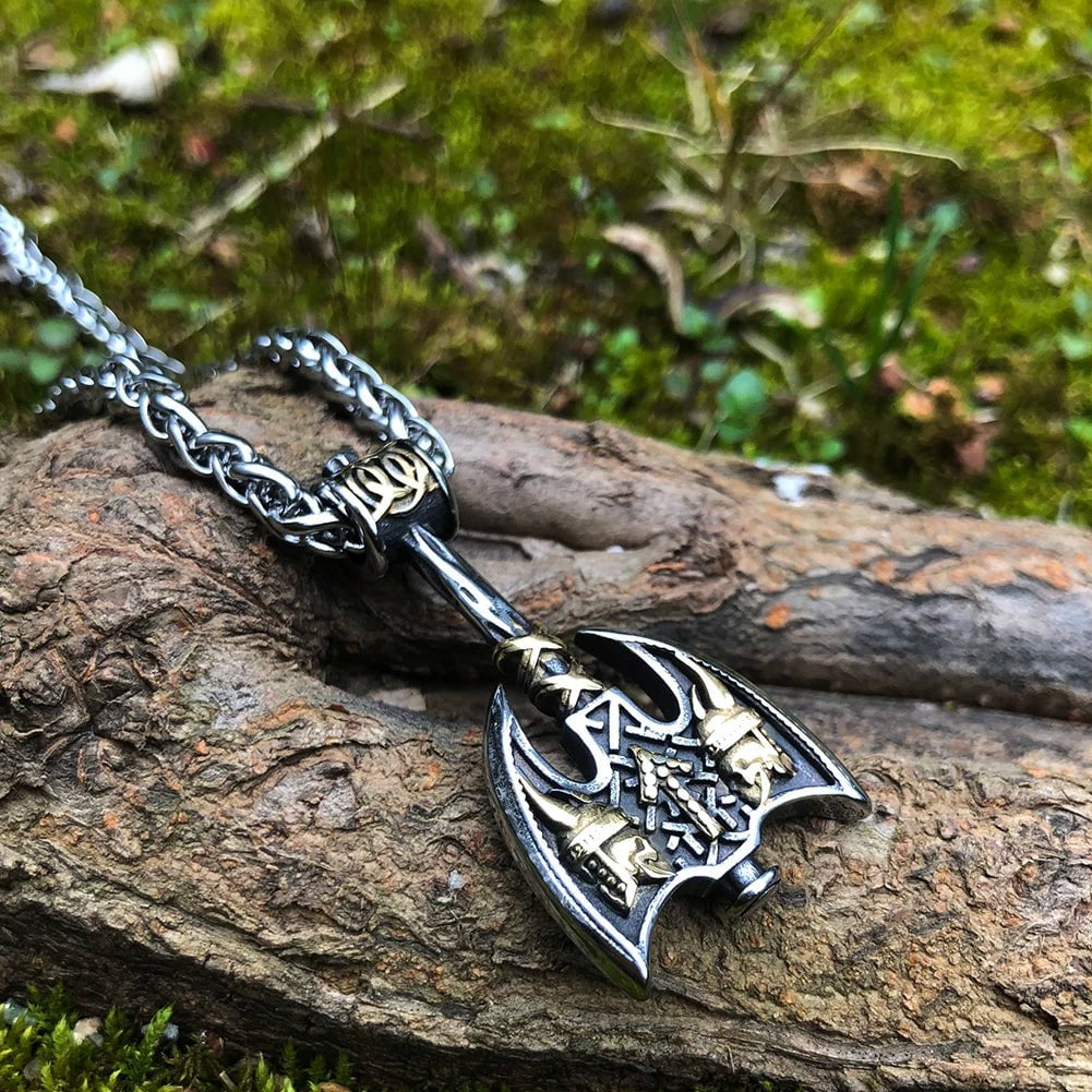 Pendant and Necklace Vikings Axe and Runes Stainless Steel Necklace Ancient Treasures Ancientreasures Viking Odin Thor Mjolnir Celtic Ancient Egypt Norse Norse Mythology