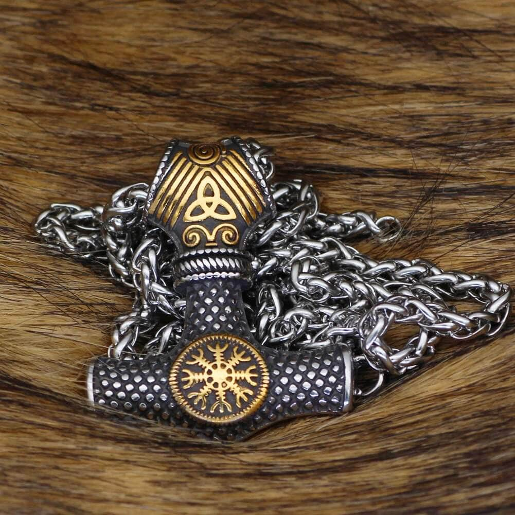 Pendant and Necklace Vikings Mjolnir Helm of Awe Stainless Steel Necklace Ancient Treasures Ancientreasures Viking Odin Thor Mjolnir Celtic Ancient Egypt Norse Norse Mythology