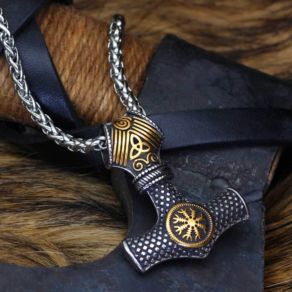 Pendant and Necklace Vikings Mjolnir Helm of Awe Stainless Steel Necklace Ancient Treasures Ancientreasures Viking Odin Thor Mjolnir Celtic Ancient Egypt Norse Norse Mythology