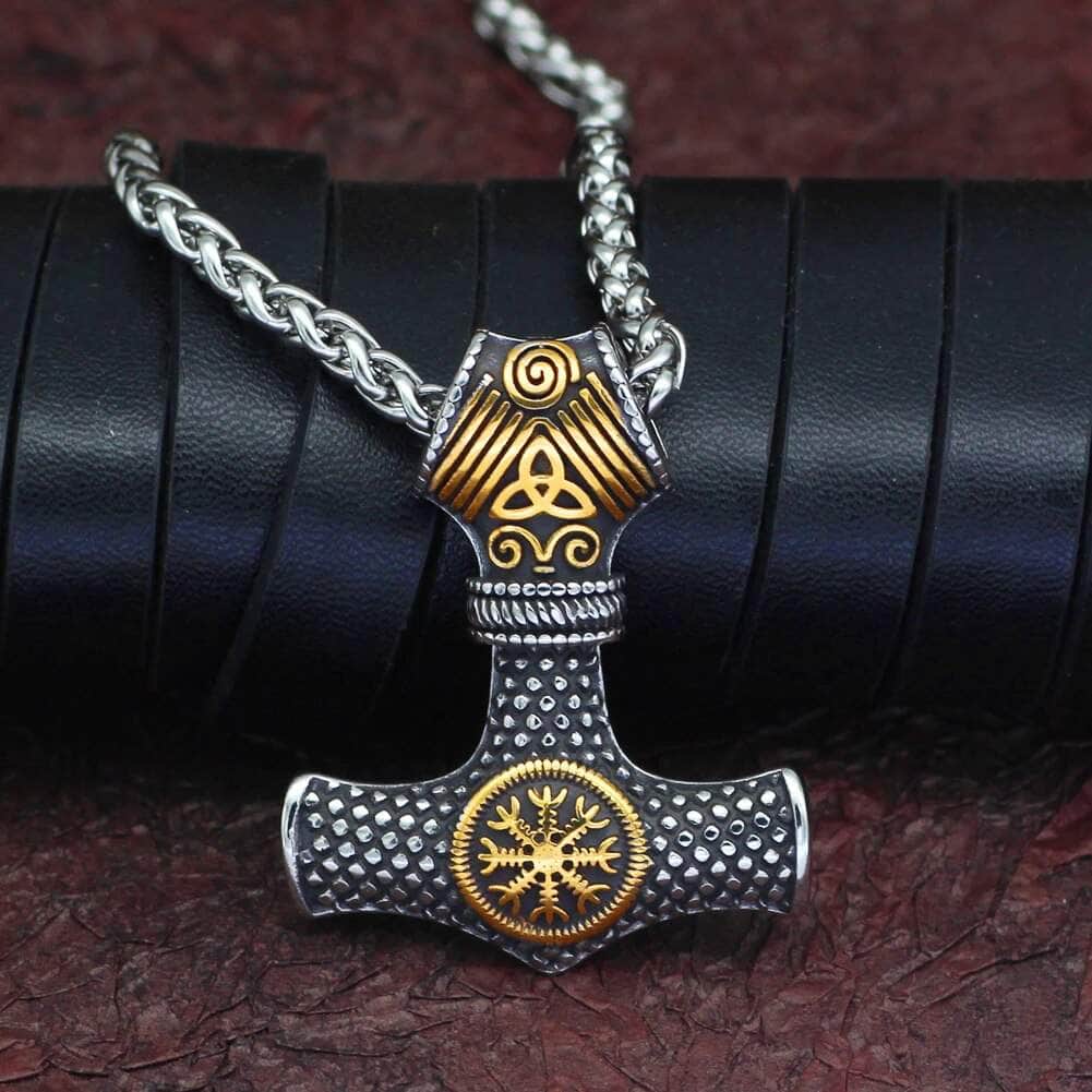 Pendant and Necklace Vikings Mjolnir Helm of Awe Stainless Steel Necklace Ancient Treasures Ancientreasures Viking Odin Thor Mjolnir Celtic Ancient Egypt Norse Norse Mythology