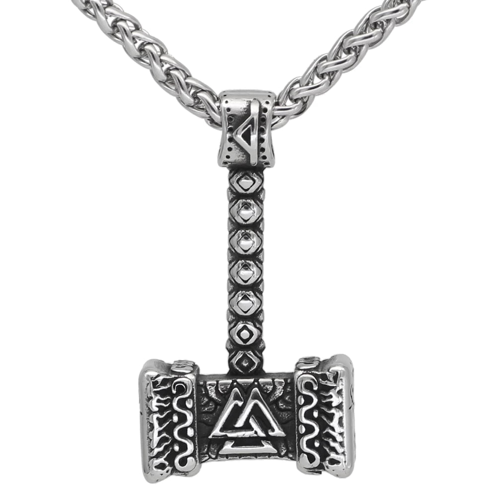 Pendant and Necklace Vikings Valknut in Thor's Hammer Stainless Steel Necklace Ancient Treasures Ancientreasures Viking Odin Thor Mjolnir Celtic Ancient Egypt Norse Norse Mythology