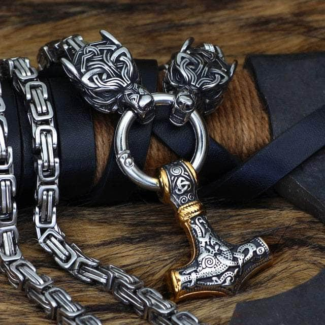 Pendant and Necklace Vikings Wolf Head and Mjolnir Stainless Steel Necklace Ancient Treasures Ancientreasures Viking Odin Thor Mjolnir Celtic Ancient Egypt Norse Norse Mythology