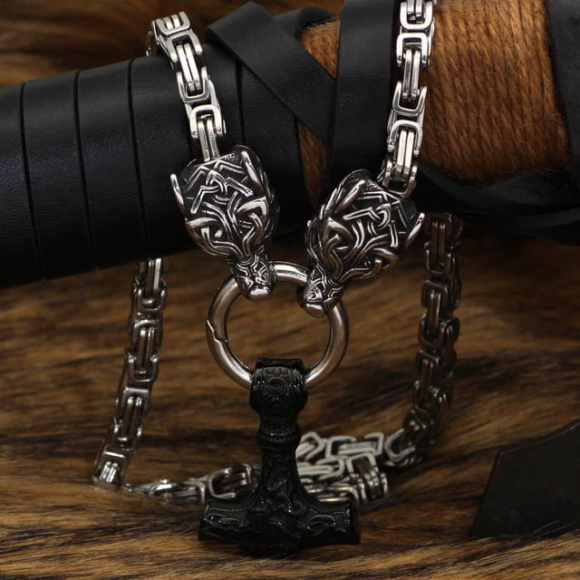 Pendant and Necklace Vikings Wolf Head and Mjolnir Stainless Steel Necklace Ancient Treasures Ancientreasures Viking Odin Thor Mjolnir Celtic Ancient Egypt Norse Norse Mythology