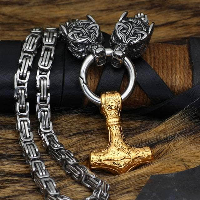 Pendant and Necklace Vikings Wolf Head and Mjolnir Stainless Steel Necklace Ancient Treasures Ancientreasures Viking Odin Thor Mjolnir Celtic Ancient Egypt Norse Norse Mythology