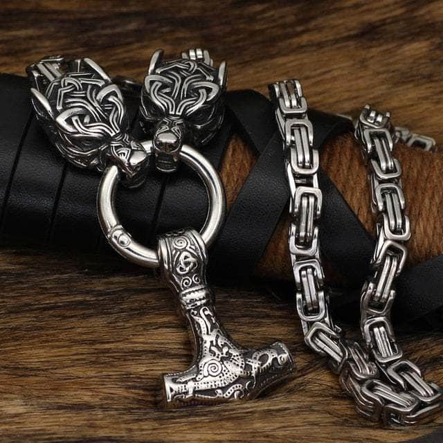 Pendant and Necklace Vikings Wolf Head and Mjolnir Stainless Steel Necklace Ancient Treasures Ancientreasures Viking Odin Thor Mjolnir Celtic Ancient Egypt Norse Norse Mythology