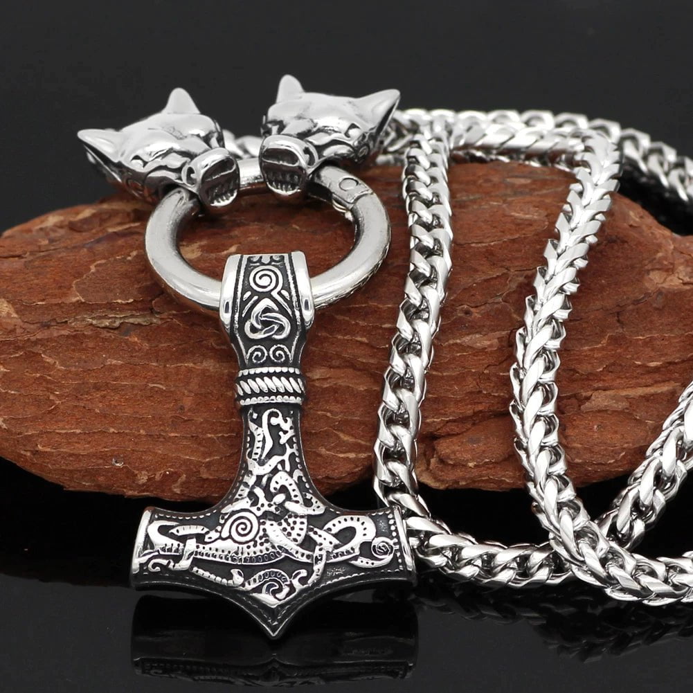 Pendant and Necklace Vikings Wolf Head Mjolnir Stainless Steel Necklace Ancient Treasures Ancientreasures Viking Odin Thor Mjolnir Celtic Ancient Egypt Norse Norse Mythology