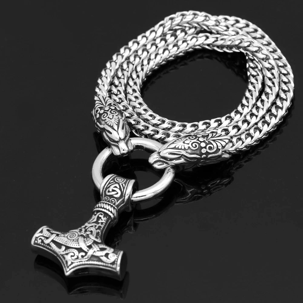 Pendant and Necklace Vikings Wolf Head Mjolnir Stainless Steel Necklace Ancient Treasures Ancientreasures Viking Odin Thor Mjolnir Celtic Ancient Egypt Norse Norse Mythology