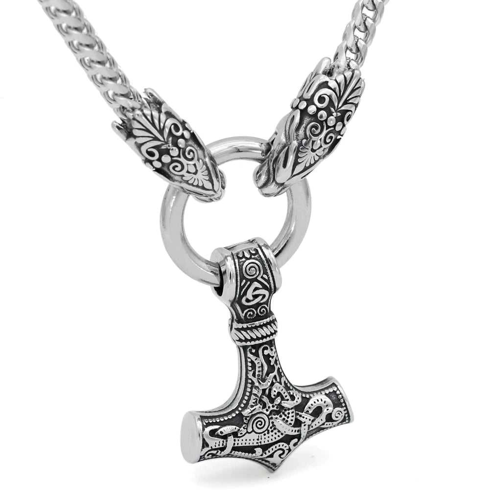 Pendant and Necklace Vikings Wolf Head Mjolnir Stainless Steel Necklace Ancient Treasures Ancientreasures Viking Odin Thor Mjolnir Celtic Ancient Egypt Norse Norse Mythology