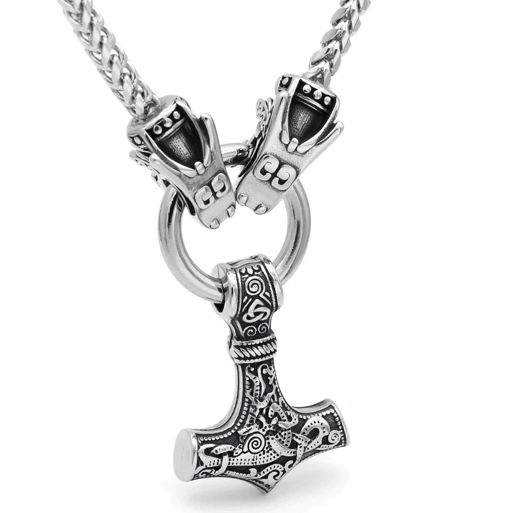 Pendant and Necklace Vikings Wolf Head Mjolnir Stainless Steel Necklace Ancient Treasures Ancientreasures Viking Odin Thor Mjolnir Celtic Ancient Egypt Norse Norse Mythology