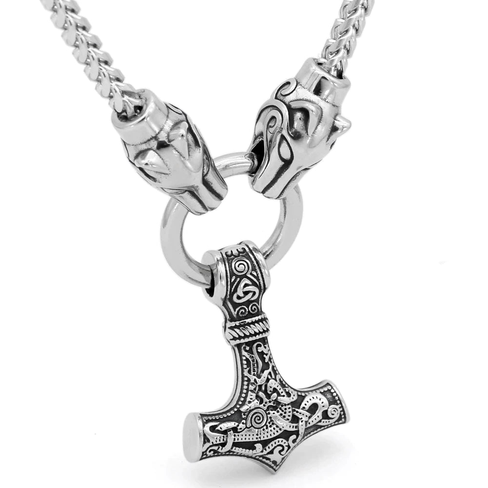 Pendant and Necklace Vikings Wolf Head Mjolnir Stainless Steel Necklace Ancient Treasures Ancientreasures Viking Odin Thor Mjolnir Celtic Ancient Egypt Norse Norse Mythology