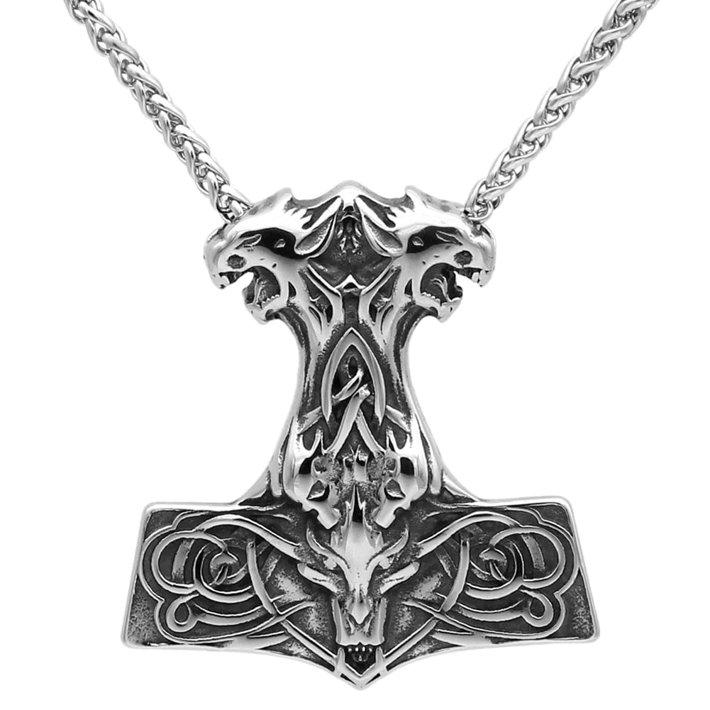 Pendant and Necklace Vikings Wolf Thor's Hammer Stainless Steel Necklace Ancient Treasures Ancientreasures Viking Odin Thor Mjolnir Celtic Ancient Egypt Norse Norse Mythology