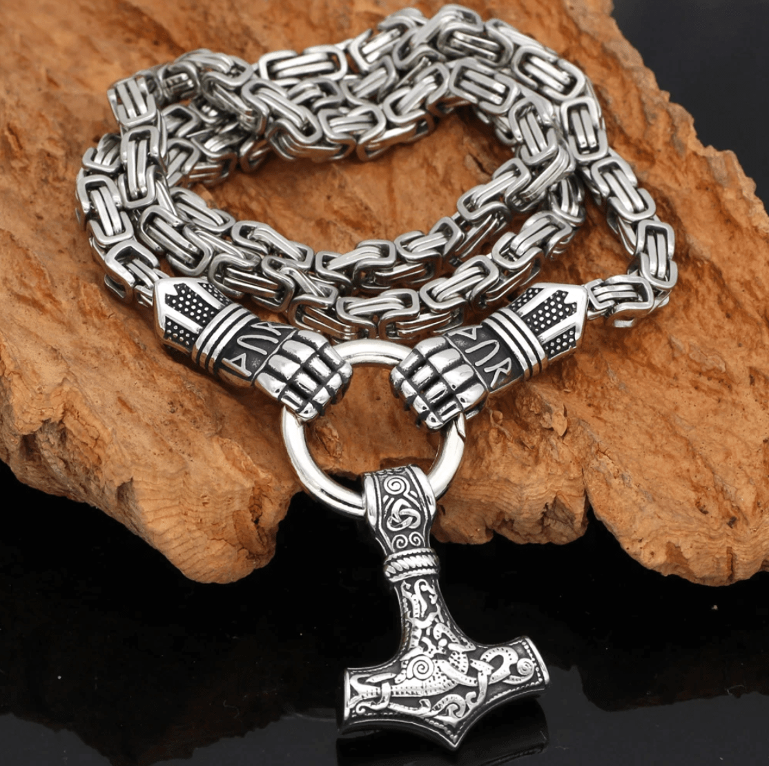 Pendant and Necklaces 50 cm Vikings Warrior Hand Mjolnir Stainless Steel Necklace Ancient Treasures Ancientreasures Viking Odin Thor Mjolnir Celtic Ancient Egypt Norse Norse Mythology