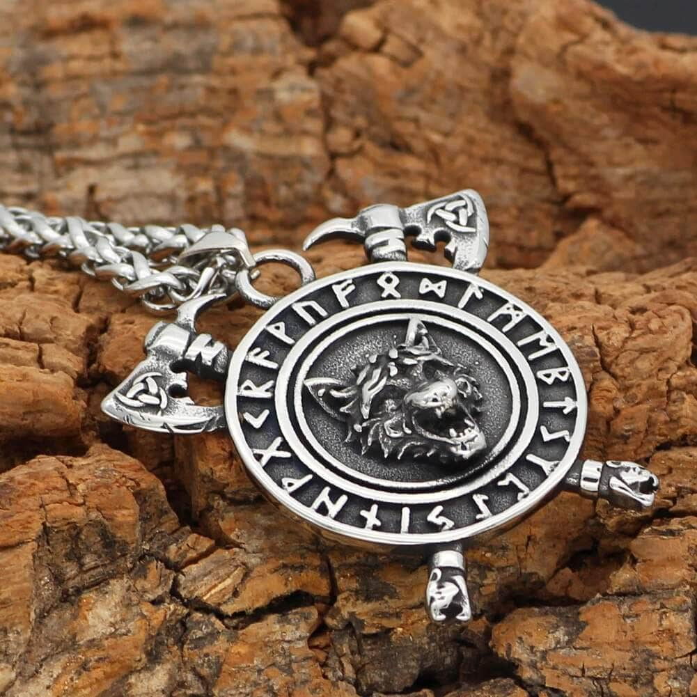 Pendant and Necklaces Steel Vikings Wolf Axe and Rune Stainless Steel Necklace Ancient Treasures Ancientreasures Viking Odin Thor Mjolnir Celtic Ancient Egypt Norse Norse Mythology