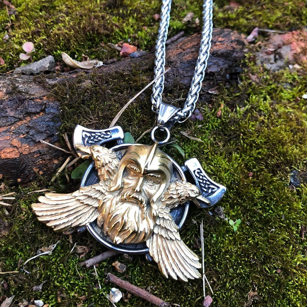Pendant and Necklaces Vikings Axe Odin and Ravens Stainless Steel Necklace Ancient Treasures Ancientreasures Viking Odin Thor Mjolnir Celtic Ancient Egypt Norse Norse Mythology