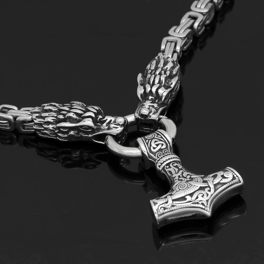 Pendant and Necklaces Vikings Dragon Head Mjolnir Stainless Steel Necklace Ancient Treasures Ancientreasures Viking Odin Thor Mjolnir Celtic Ancient Egypt Norse Norse Mythology